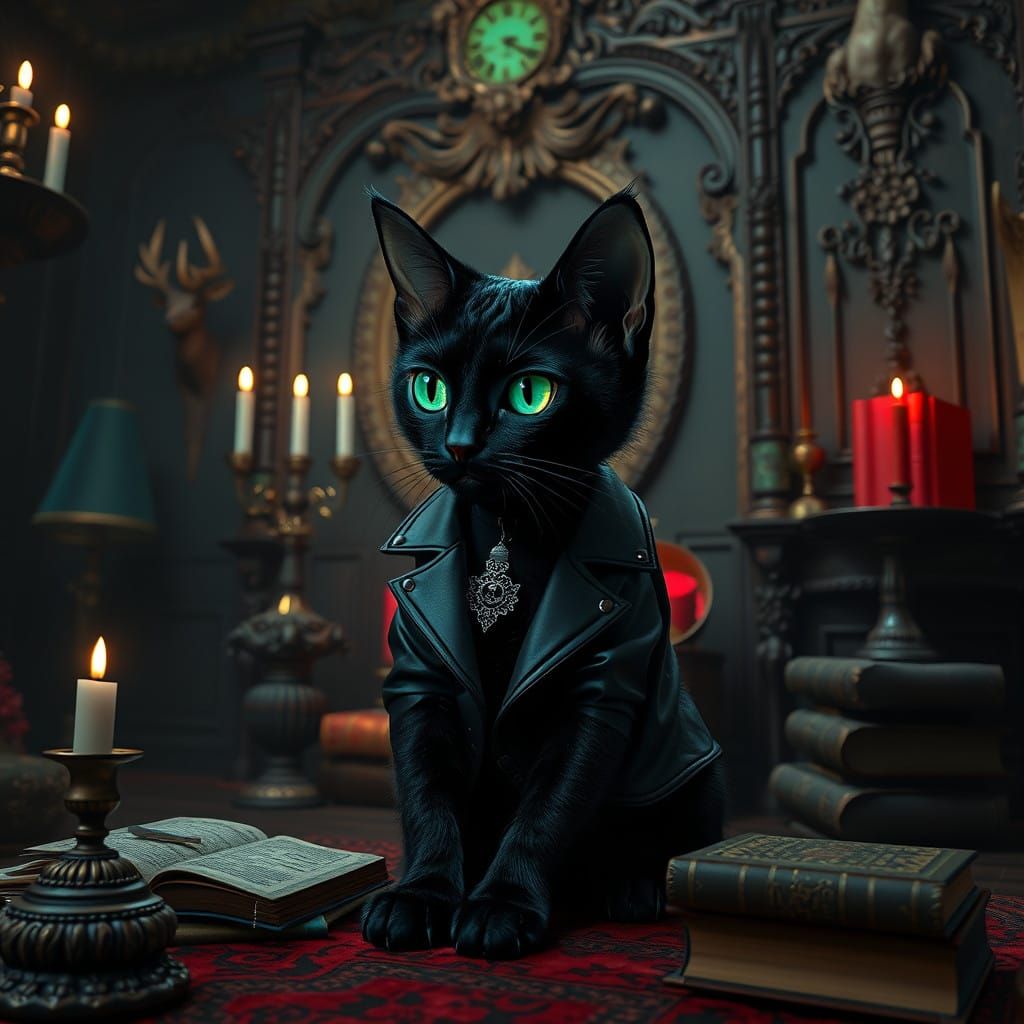 Female cat dressed as a goth in a goth cat themed bedroom