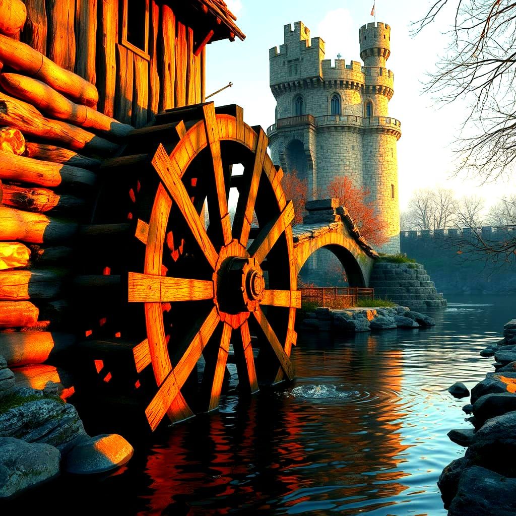 Medieval Waterwheel at Sunset