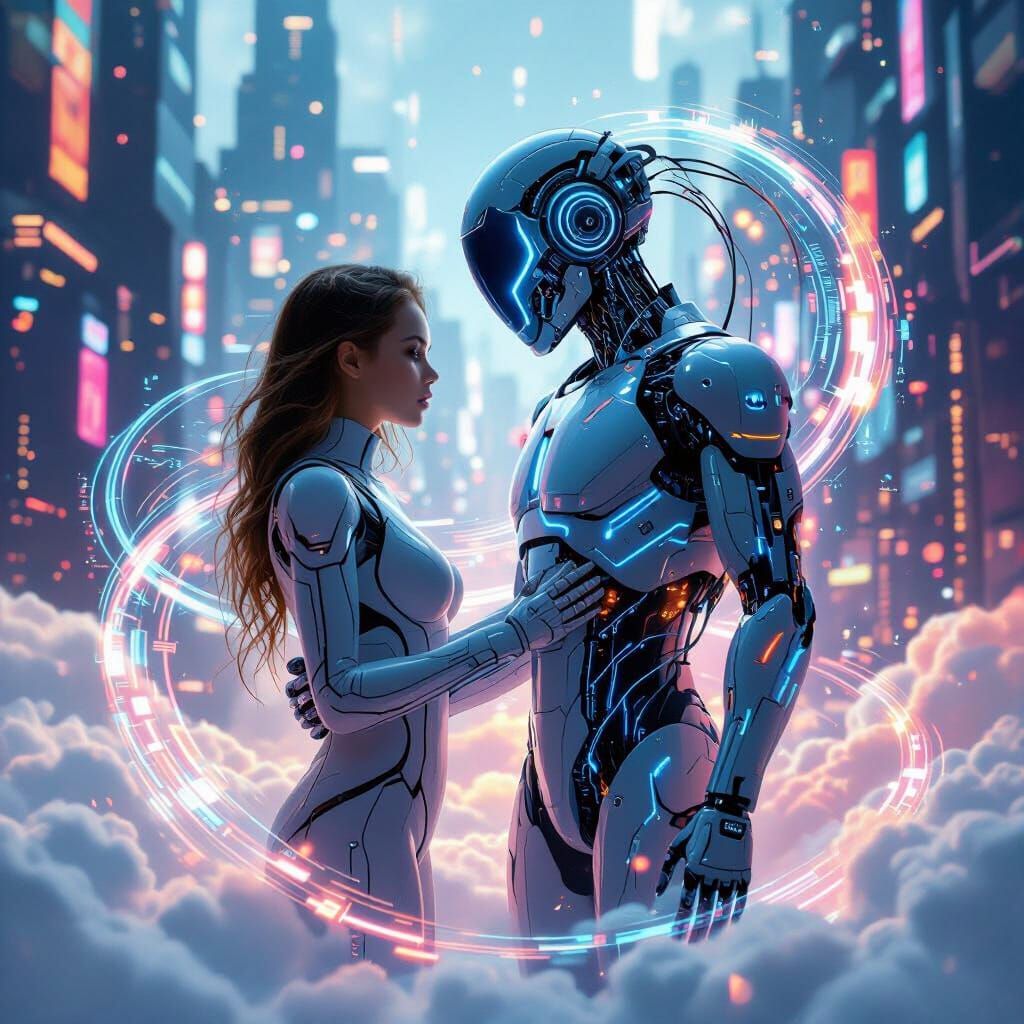 Humanoid Robot Merging in Futuristic Cyberpunk City