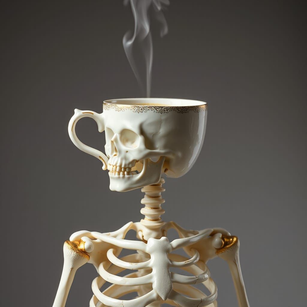 Surreal Skeleton Coffee Cup Rises with Ethereal Steam