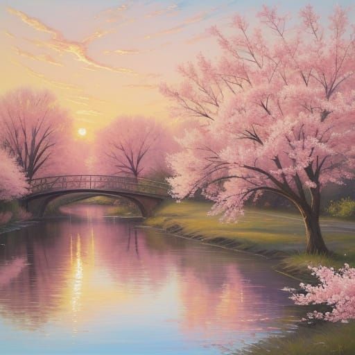 Impressionist Sunset River with Magnolia Tree