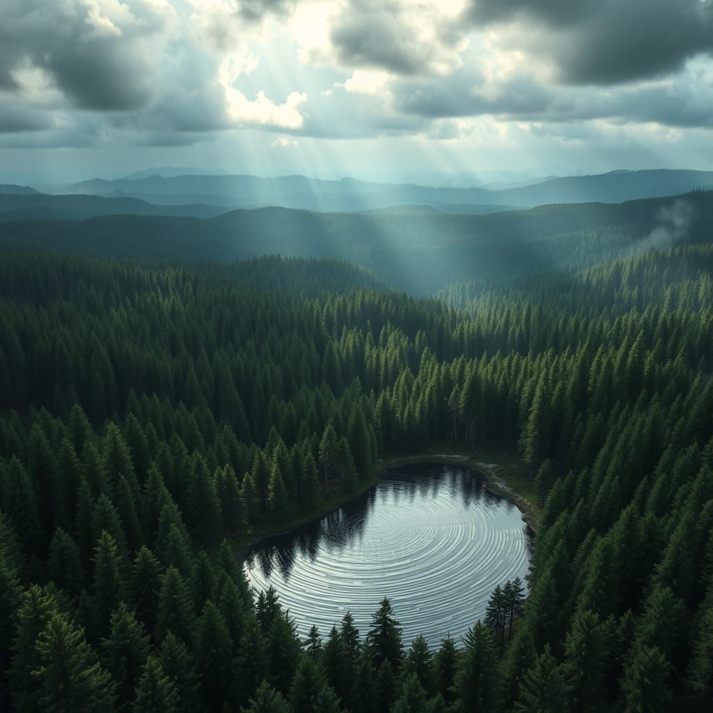 Serene Pine Forest Landscape with Turbulent Lake