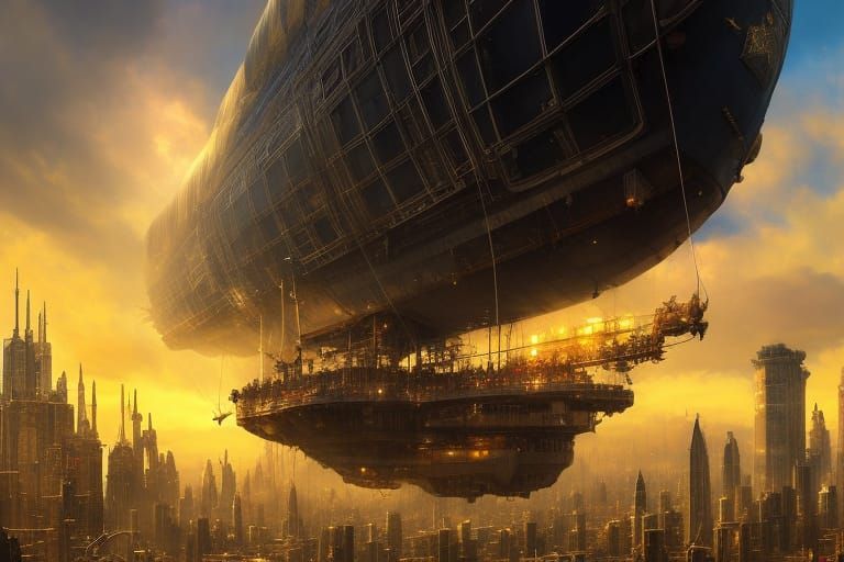 Airship Over Metropolis: Hyperdetailed Fantasy Art