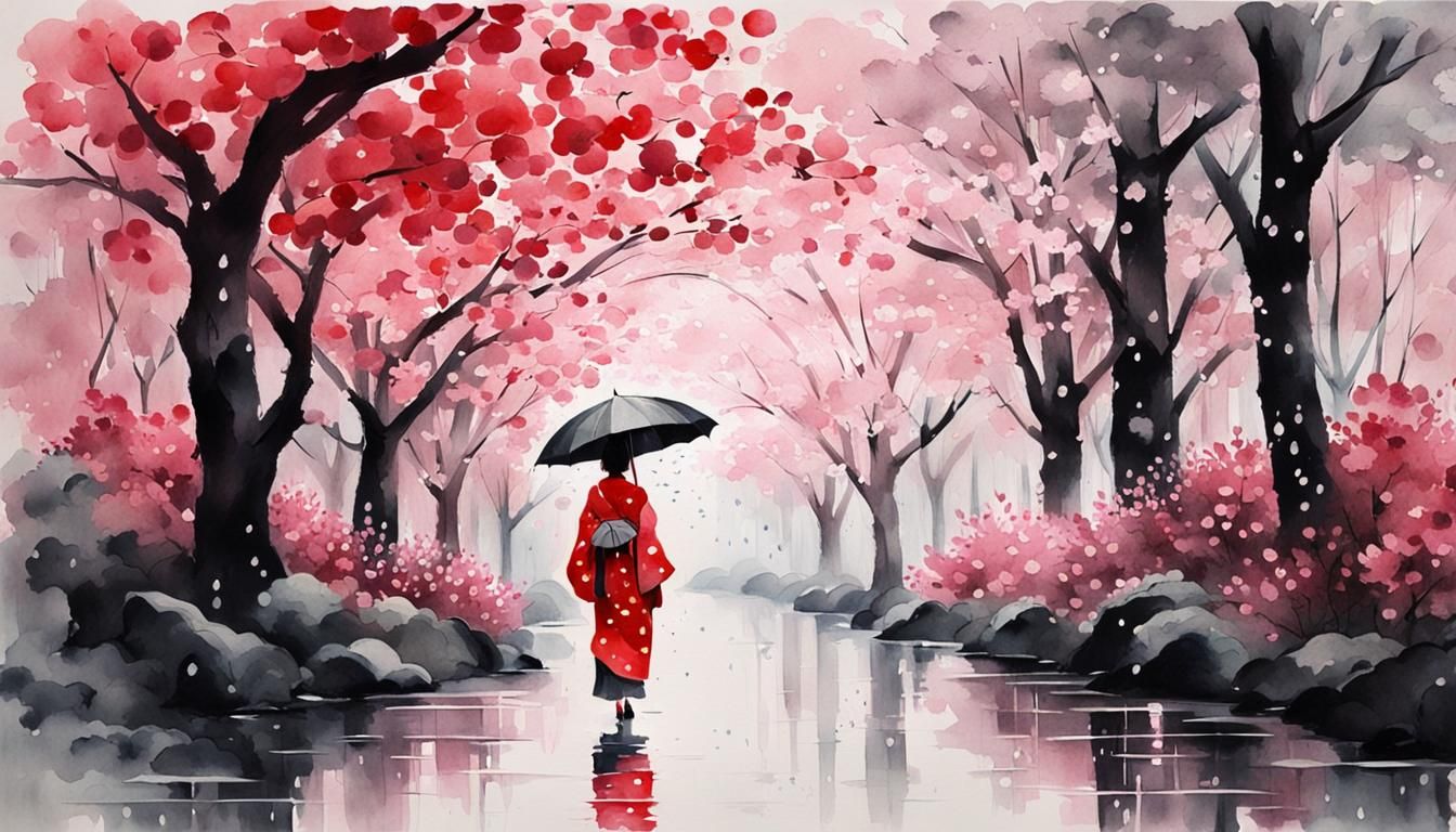 Japanese Woman Walking in Cherry Blossom Rain, Watercolor