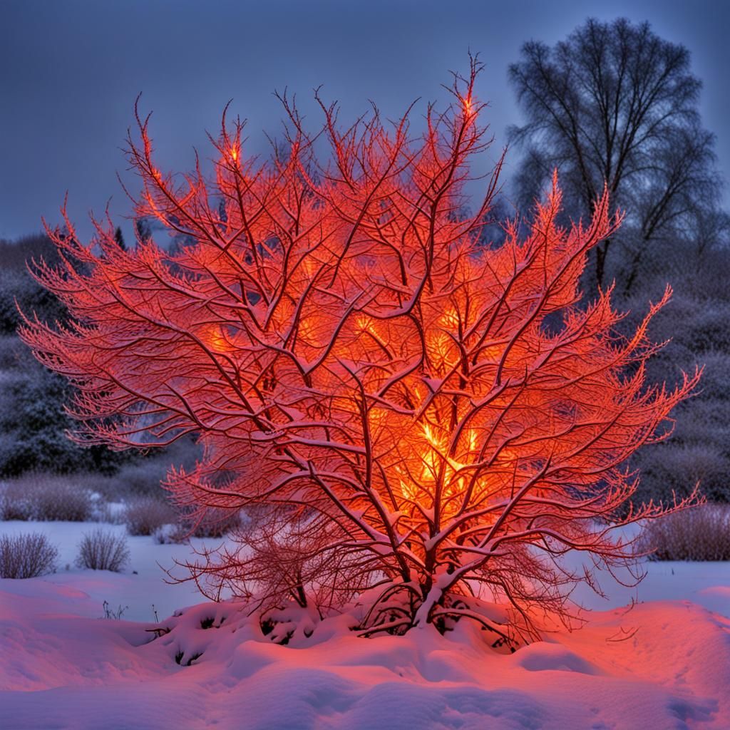 Burning Bush Flames in Snowy Dusk