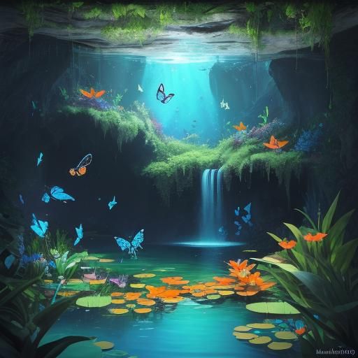 Butterfly in Lush Cave with Pond, Artstation Style