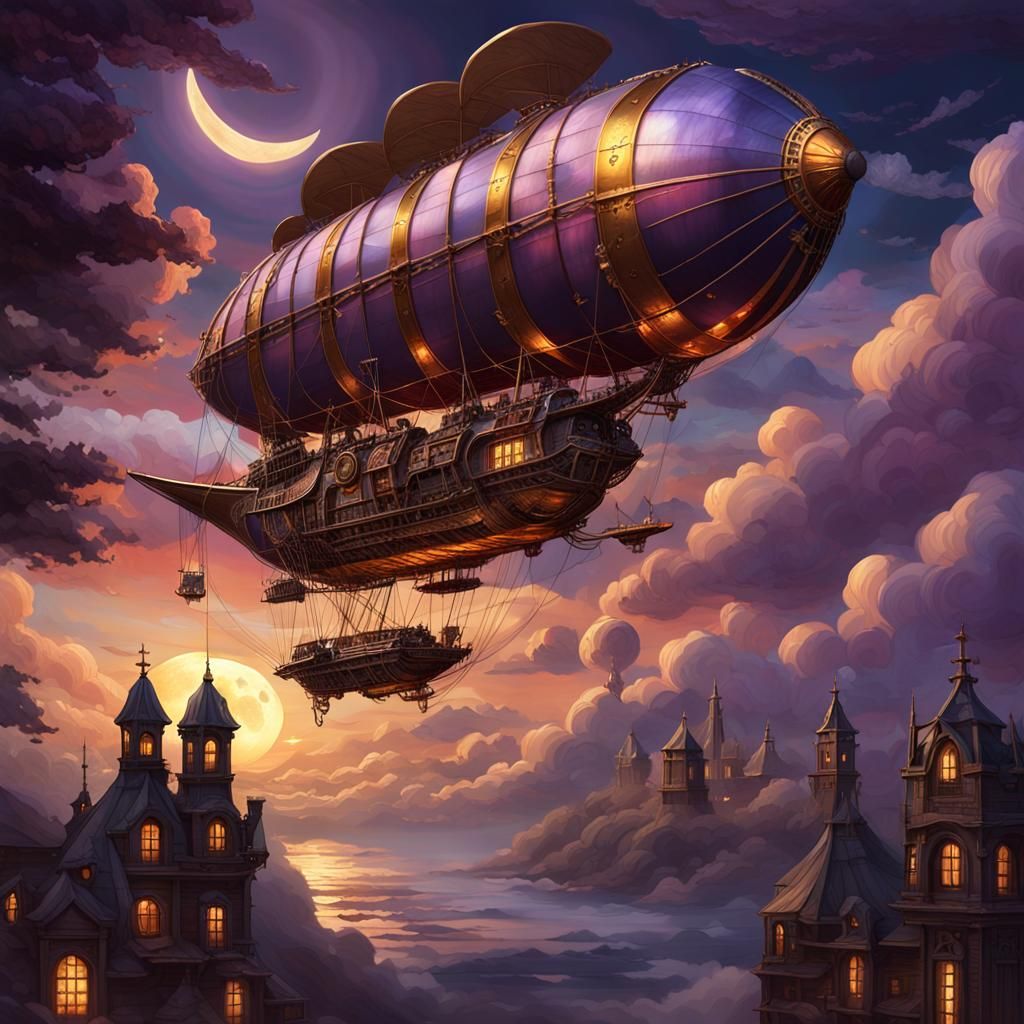 Steampunk Airship in Twilight, Dark Fantasy Art