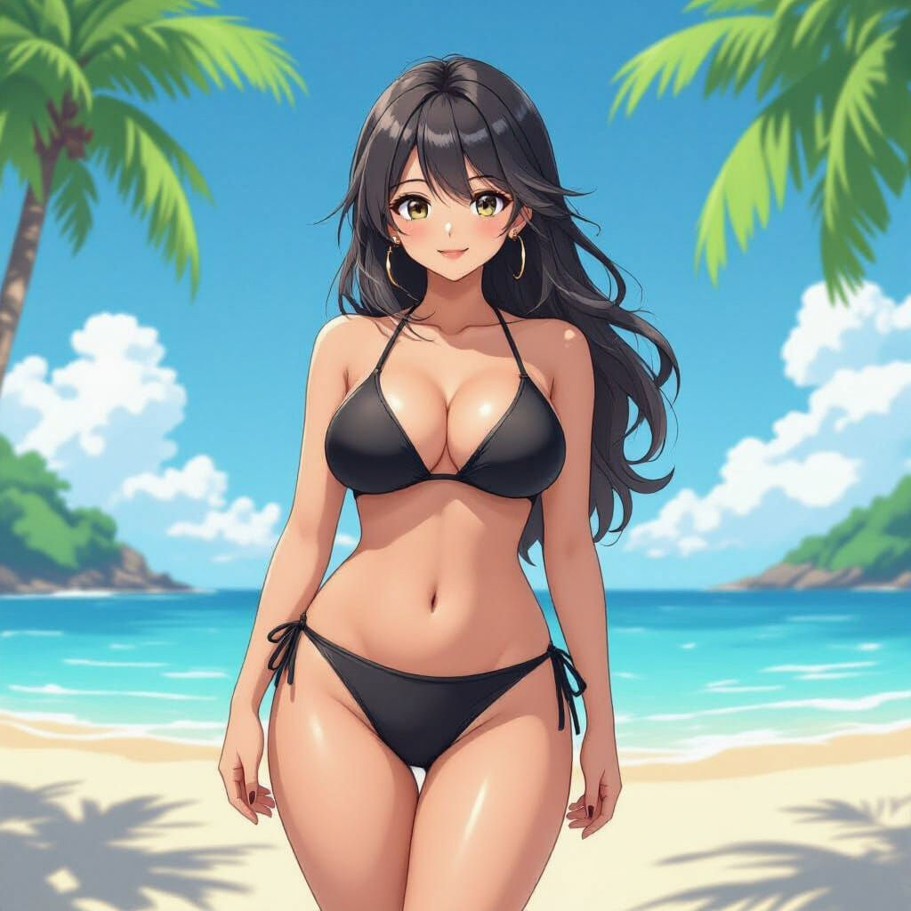 Curvy Anime Girl on Sunny Beach in Vibrant Style