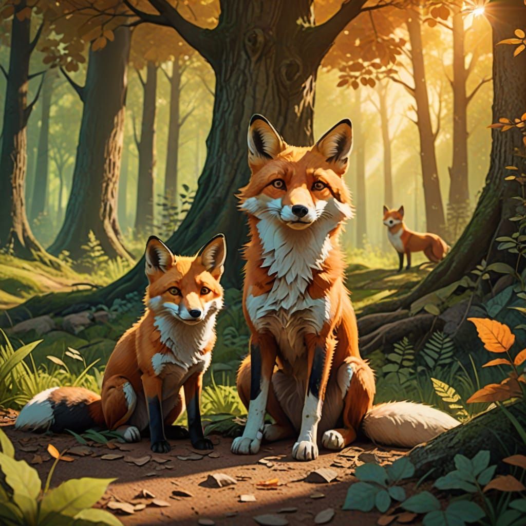 Fox and Hound in Forest: Whimsical Digital Art