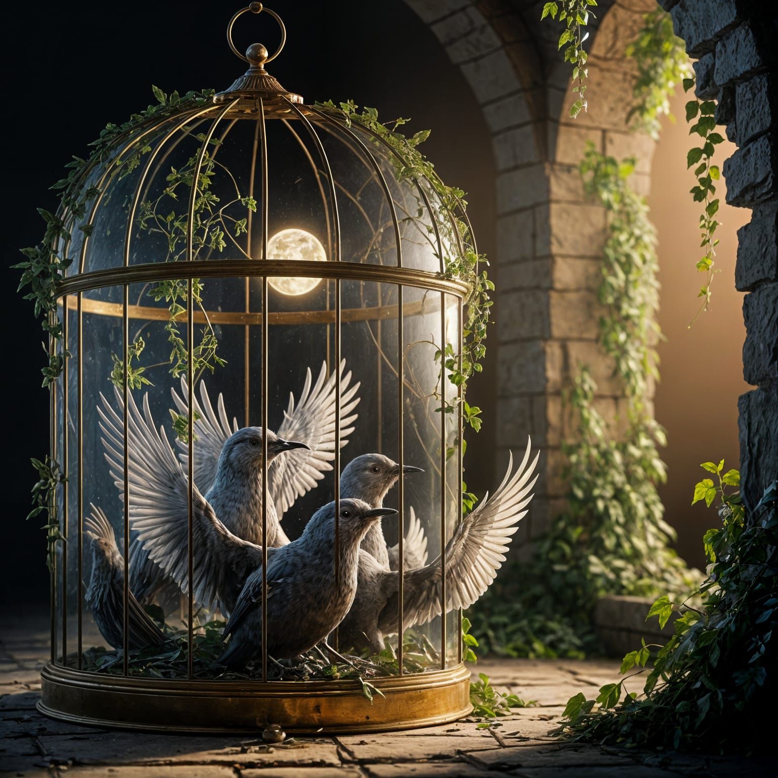 Magical Birds Escape Golden Cage in Dramatic Moonlight