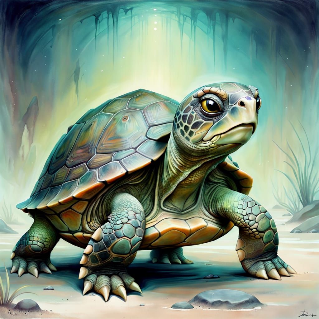 Whimsical Ancient Turtle in Surreal Pastels