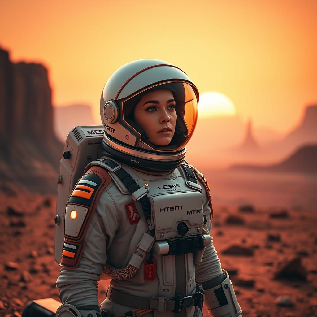 Astronaut on Mars at Sunset, Cinematic Photography