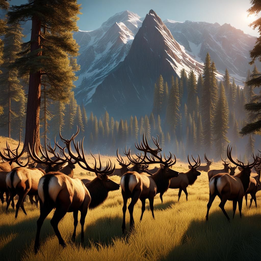 Elk Herd in Mountain Valley: Fantasy Concept Art