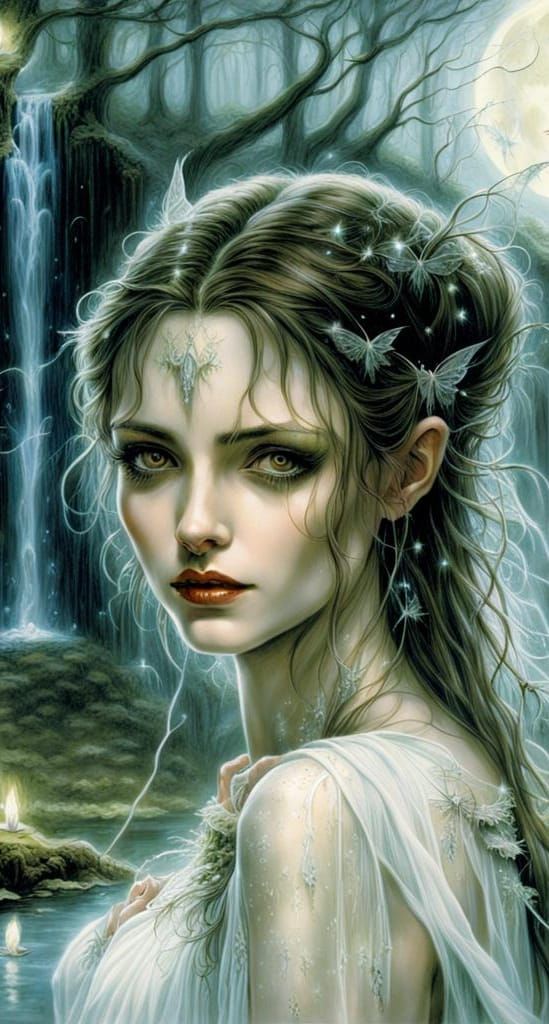 Ethereal Fairy Woman in Moonlit Woodland Glade