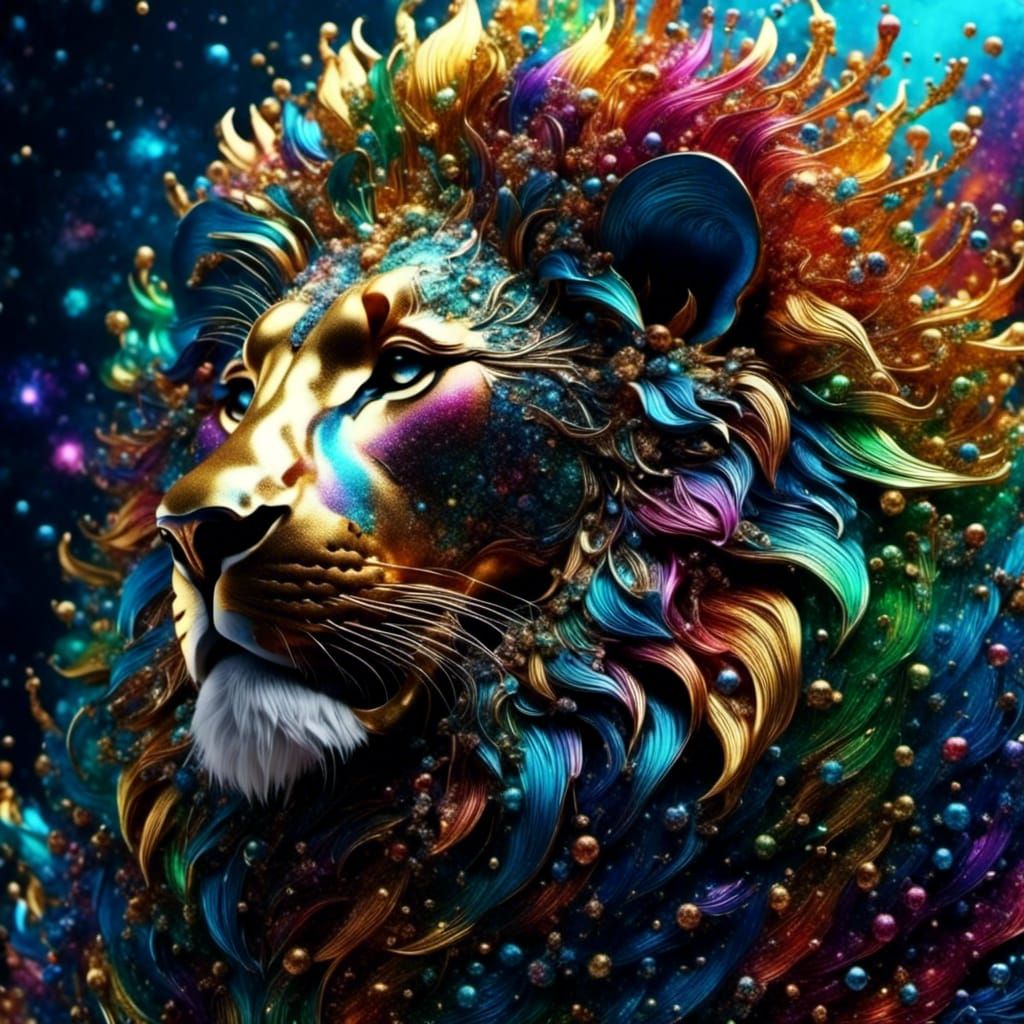Rainbow Sparkle Lion in Surreal Fingerpunk Style