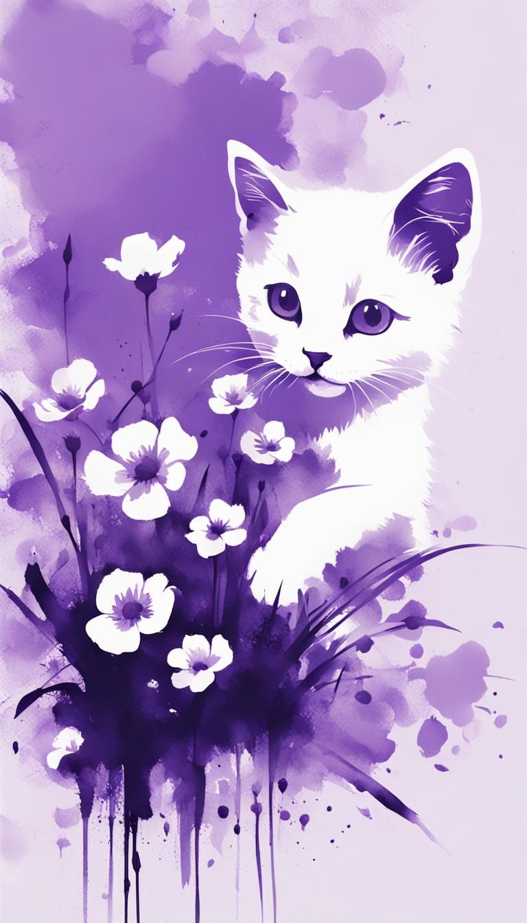 Minimalist Chinese Ink Painting of Kitten and Flowers
