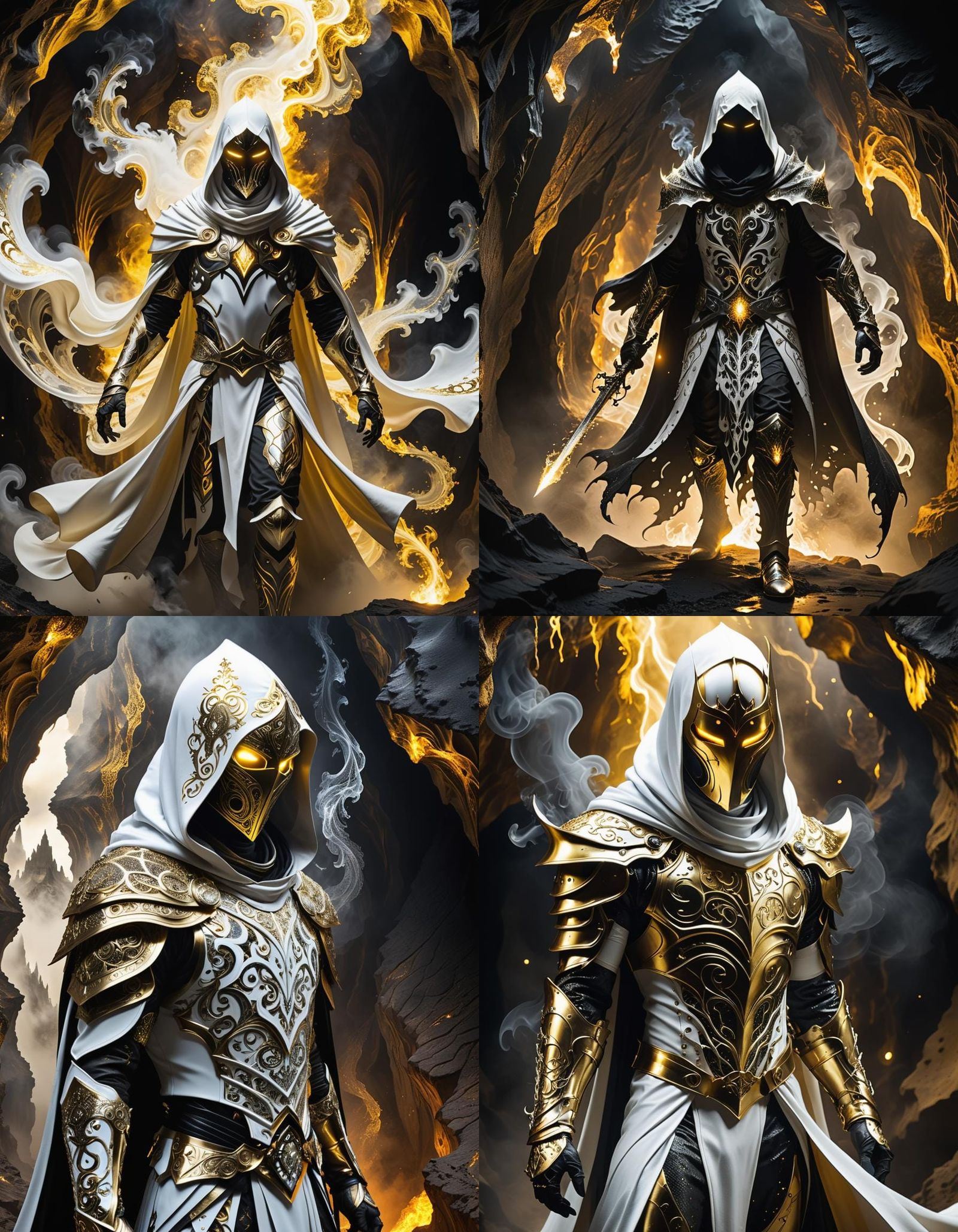 Dark fantasy, shadow knight, white and gold Armor, eyes that...