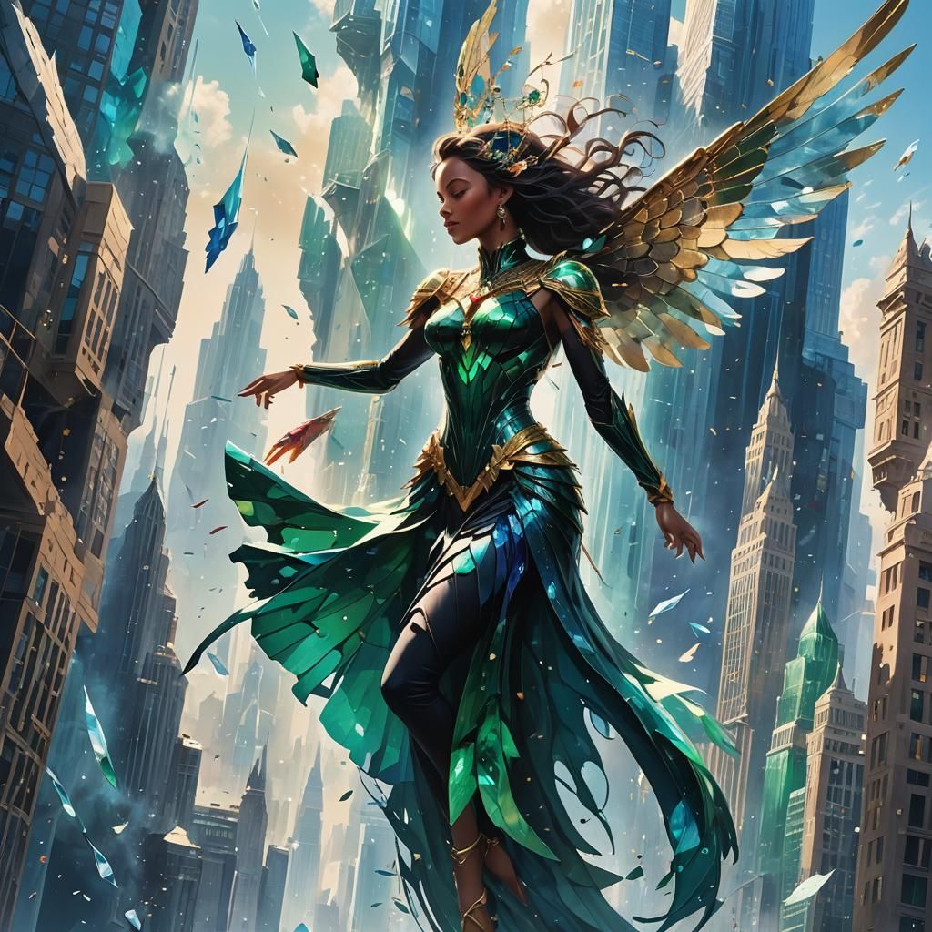 Woman Leaping with Gemstone Wings in Cityscape