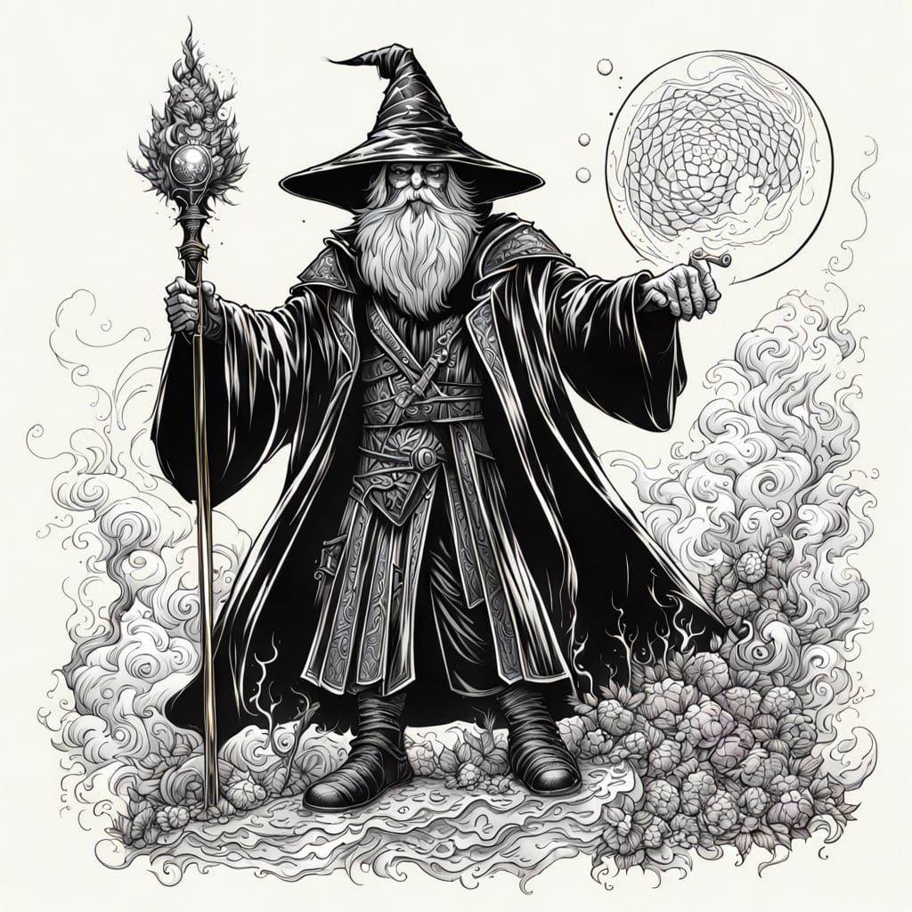 Dark Fantasy Wizard Art with Vibrant Inks