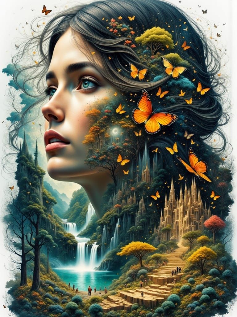 Double Exposure Portrait with Fantasy Landscape