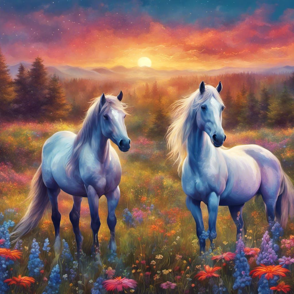 Paint a tranquil scene of horses grazing peacefully in a mea...