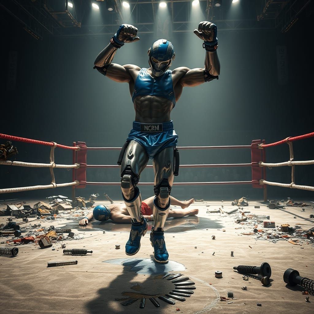 Mecha-Boxer's Triumphant Dance in the Arena