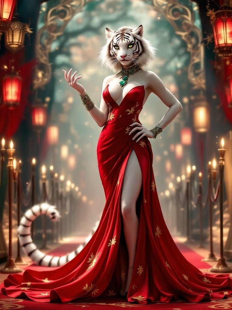 Elegant White Tiger Red Carpet Art Nouveau Illustration