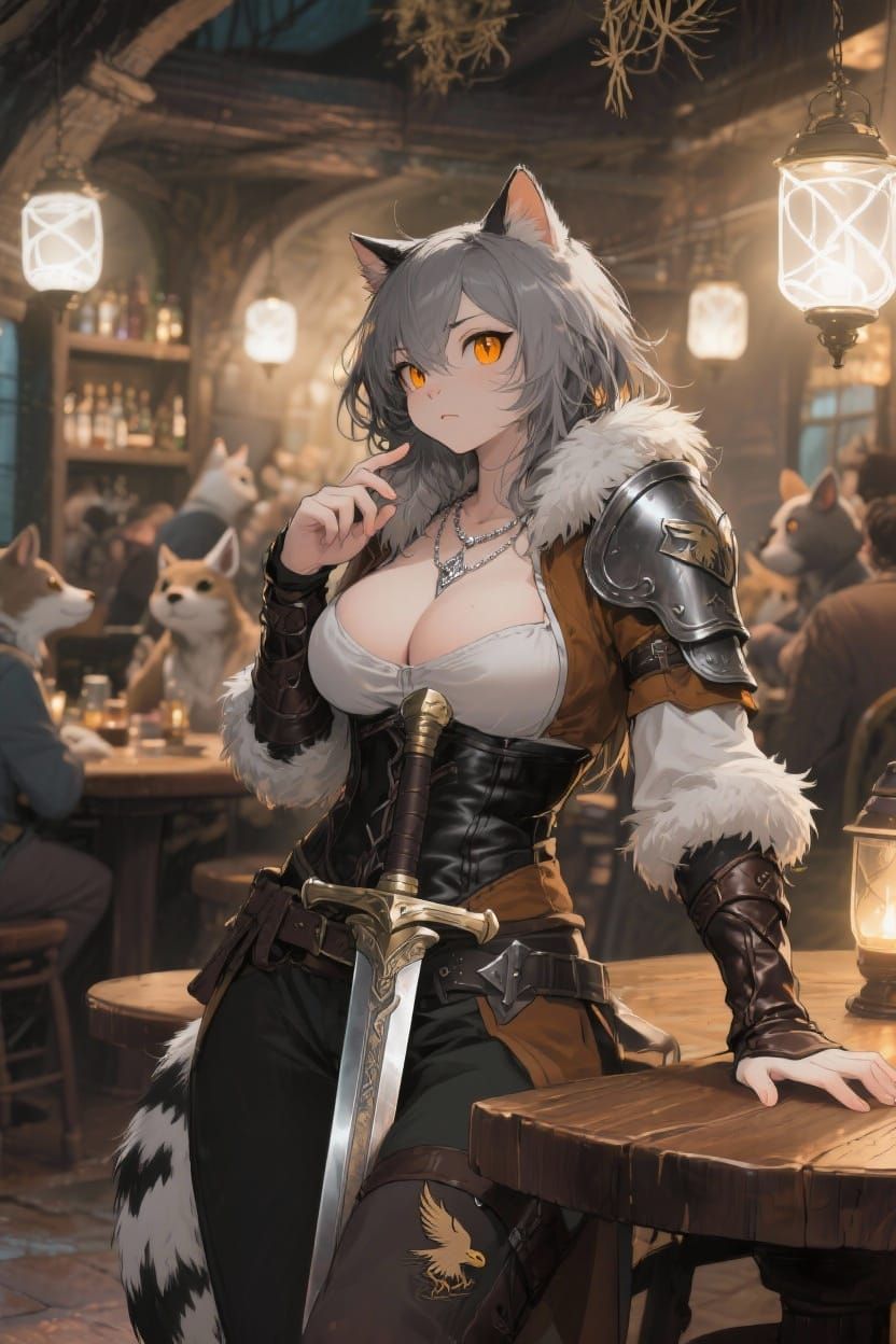 Anime Tavern Scene with Anthropomorphic Cat