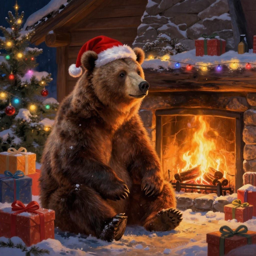 Majestic Bear in Santa Hat by Fireplace in Snowy Cabin