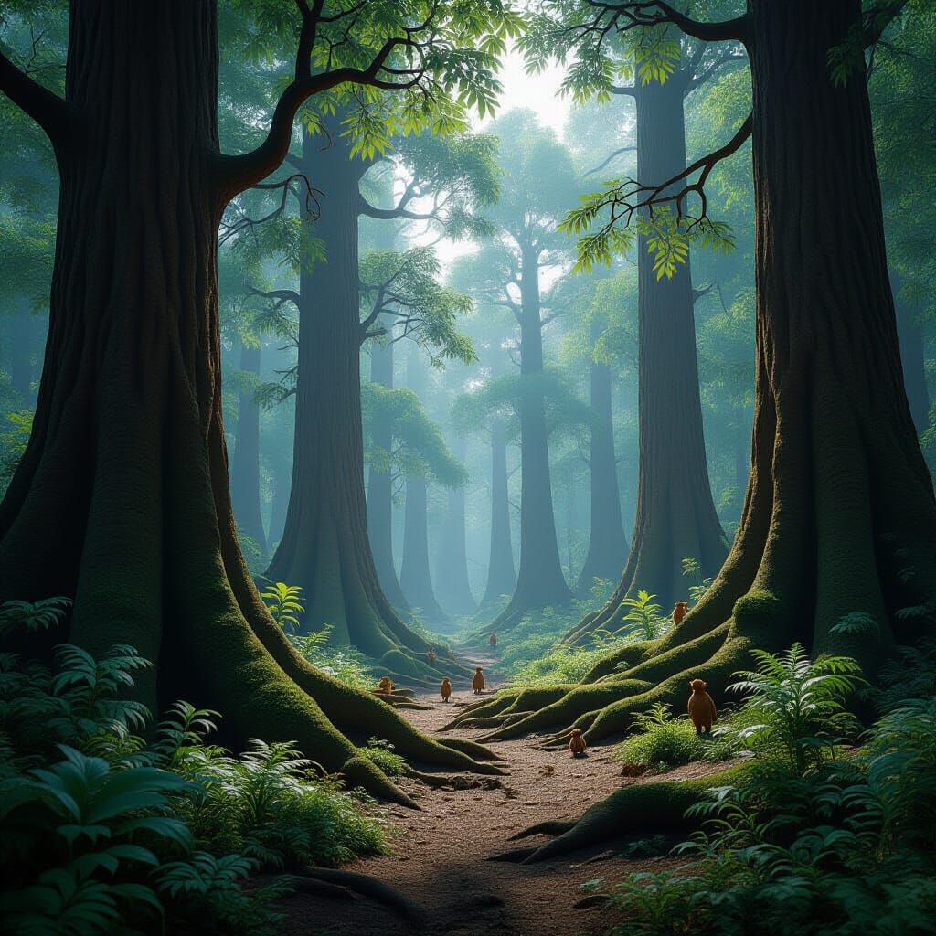 Ancient Forest with Towering Trees and Woodland Creatures