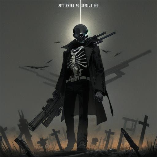 Skeleton in Dark Cool Jacket Fires Guns into the Sky