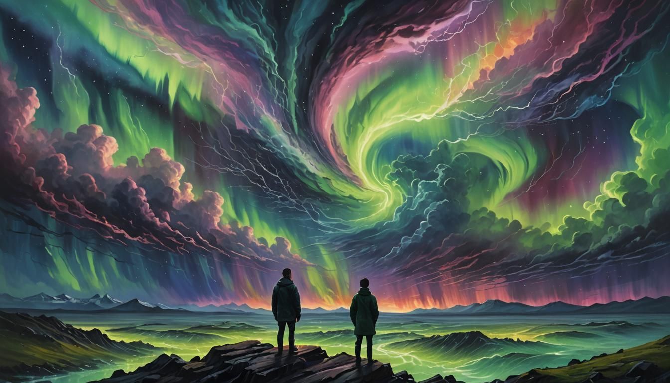 Surreal Mindscape: Serene Figure Amidst Stormy Chaos