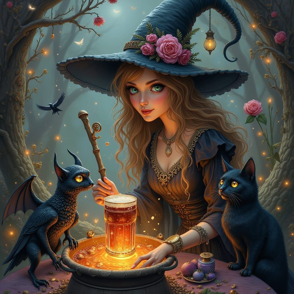 Witch Serves Punch from Cauldron with Gargoyle Pet
