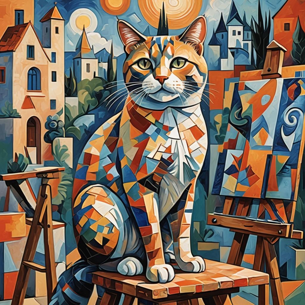Cubist Cat Painting a Landscape in Fauvist Style