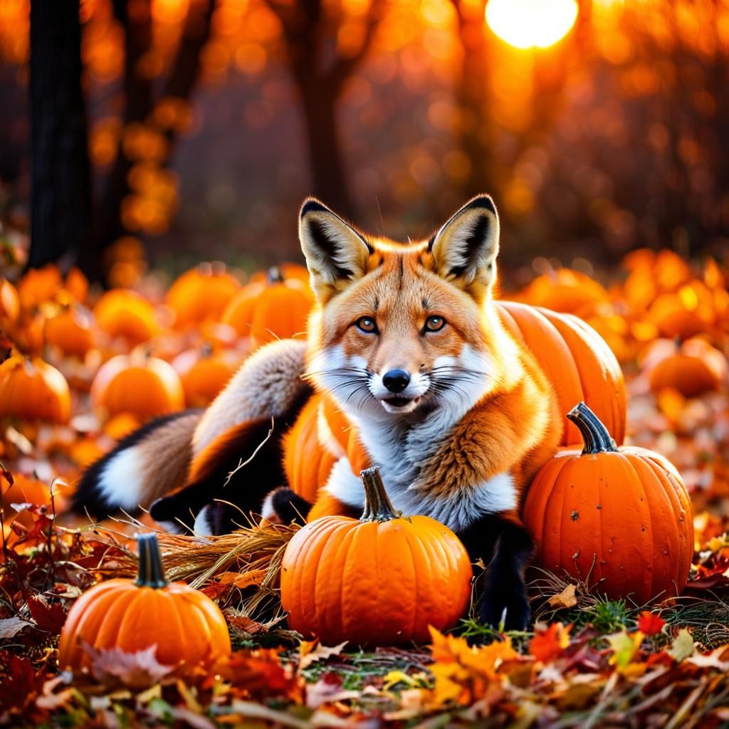 Fox and Pumpkin in Autumn Sunset Light