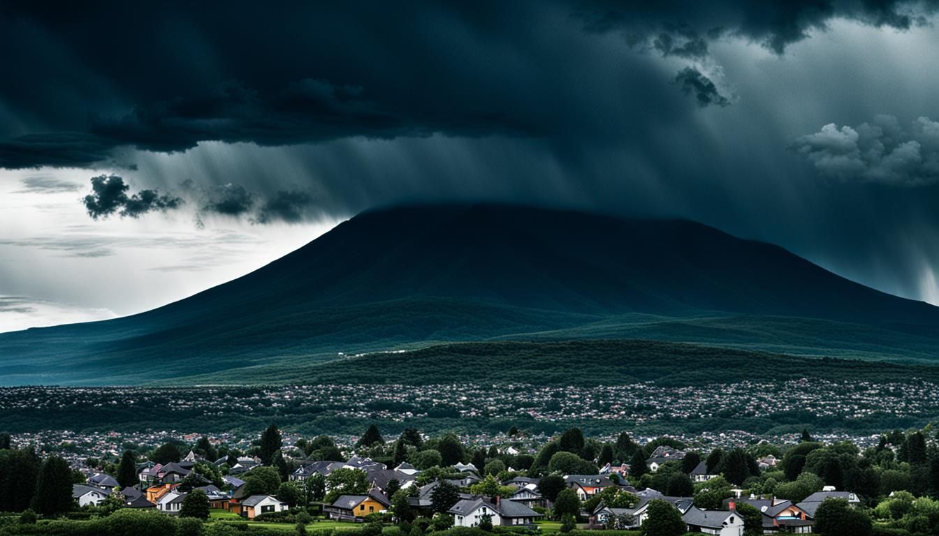 Surreal Mountain Townscape Under Stormy Skies