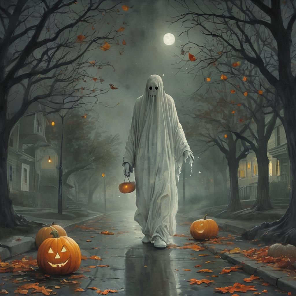 Ghostly Halloween Night in Watercolor Ink Splatter Style