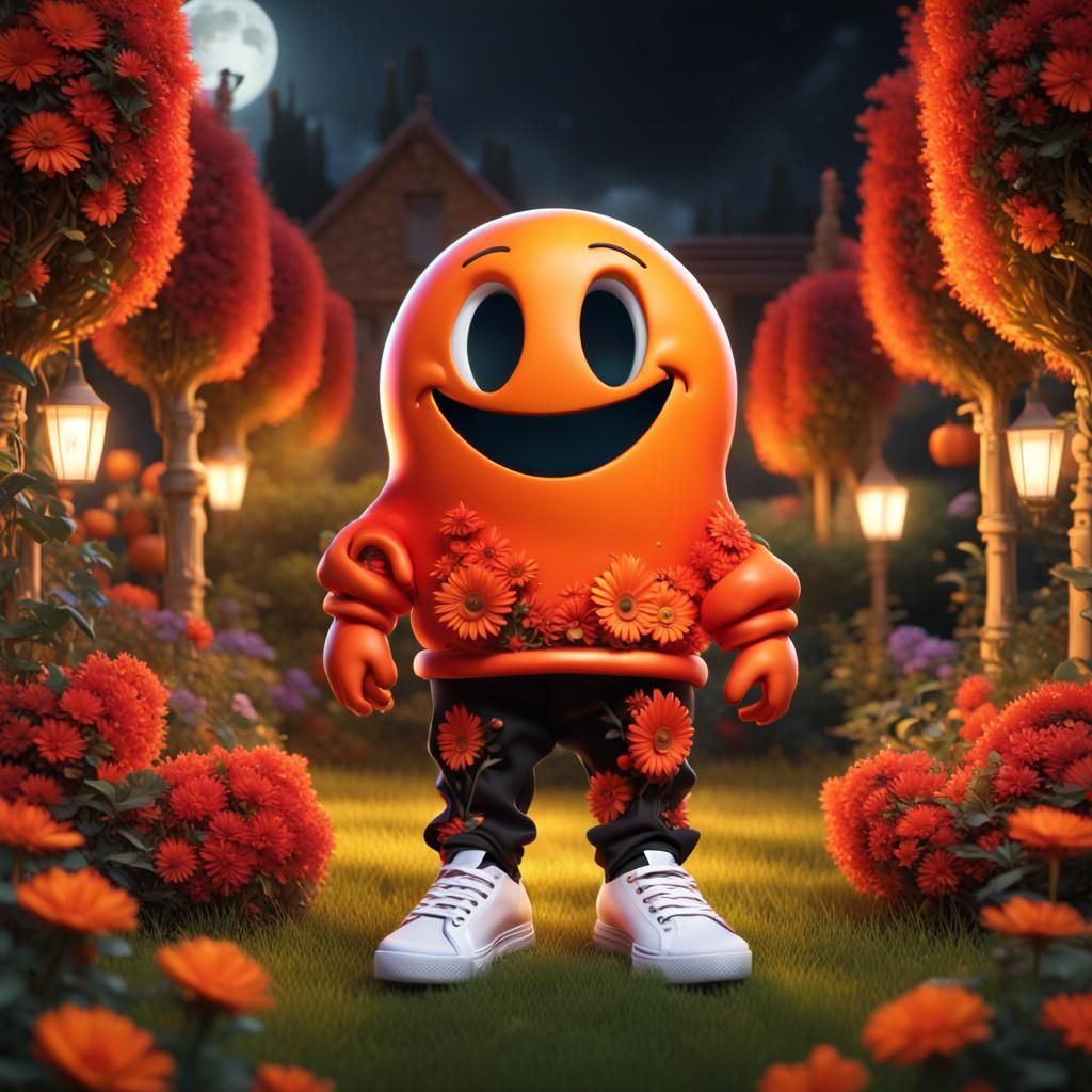 fantasy smiley face ghost in  a flowery garden on Halloween night