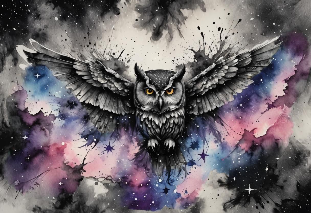 Ink Drawing of an Owl with Galaxy Wings