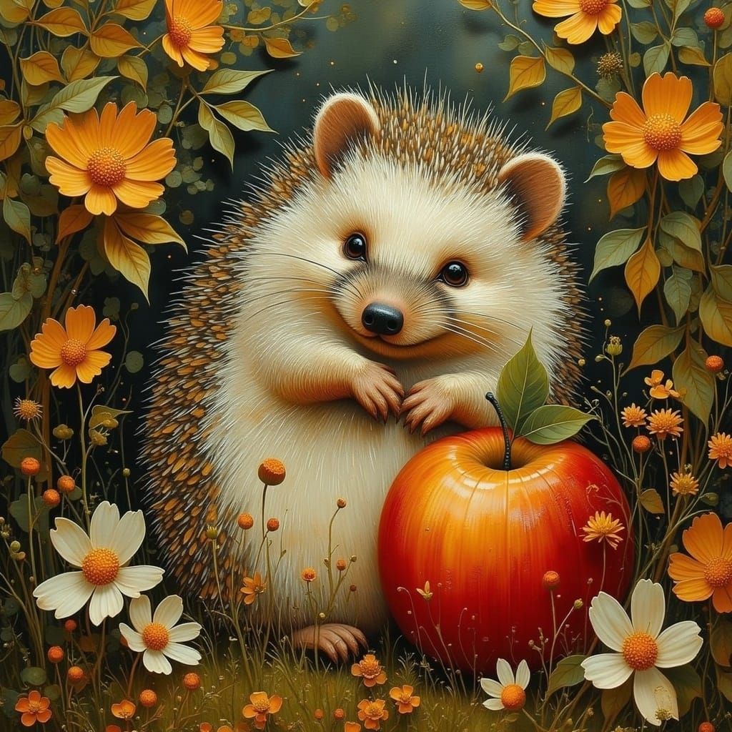 Surreal Autumn Scene with Hedgehog and Whimsical Wildflowers...