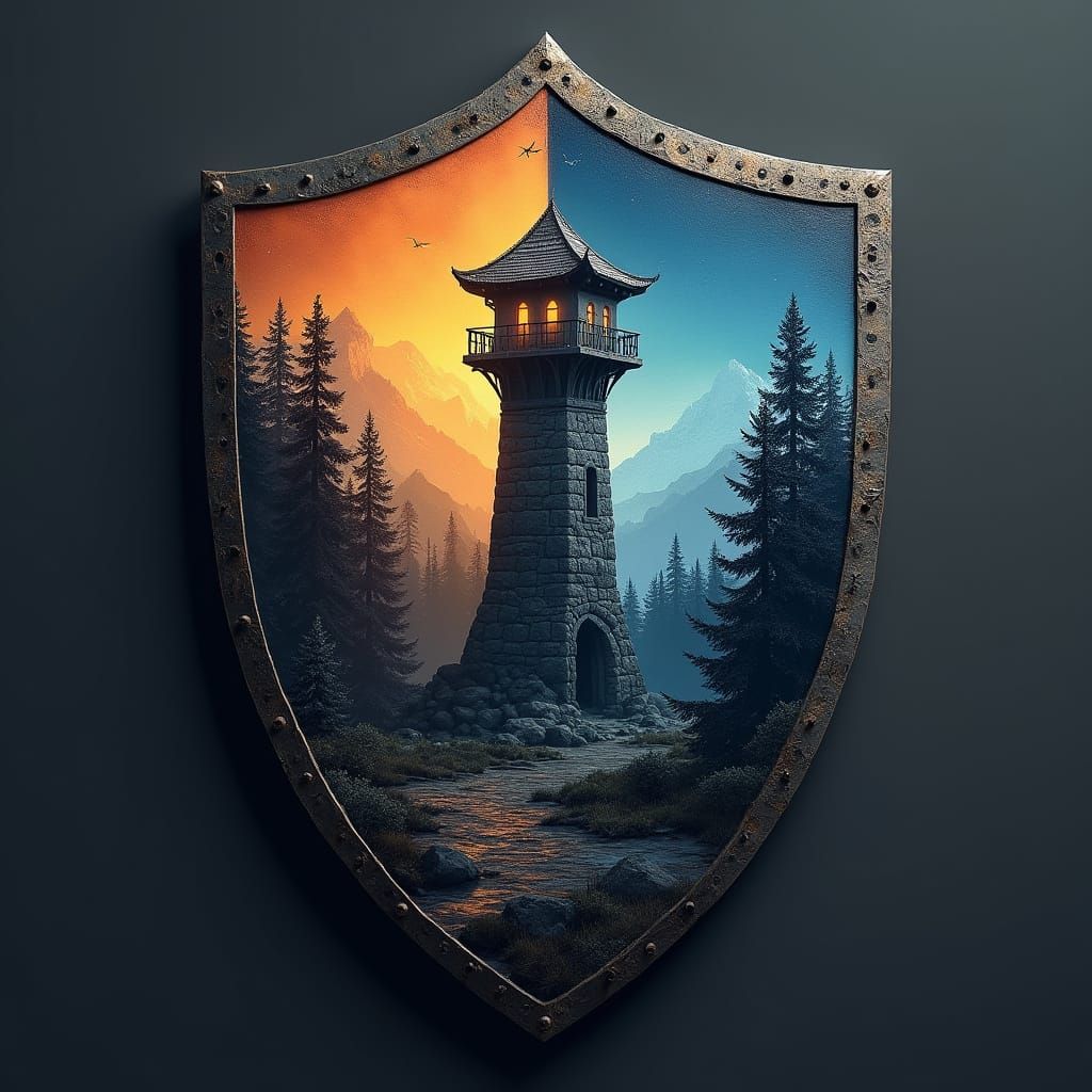 Medieval Shield with Firewatch Tower in Serene Mountain Land...
