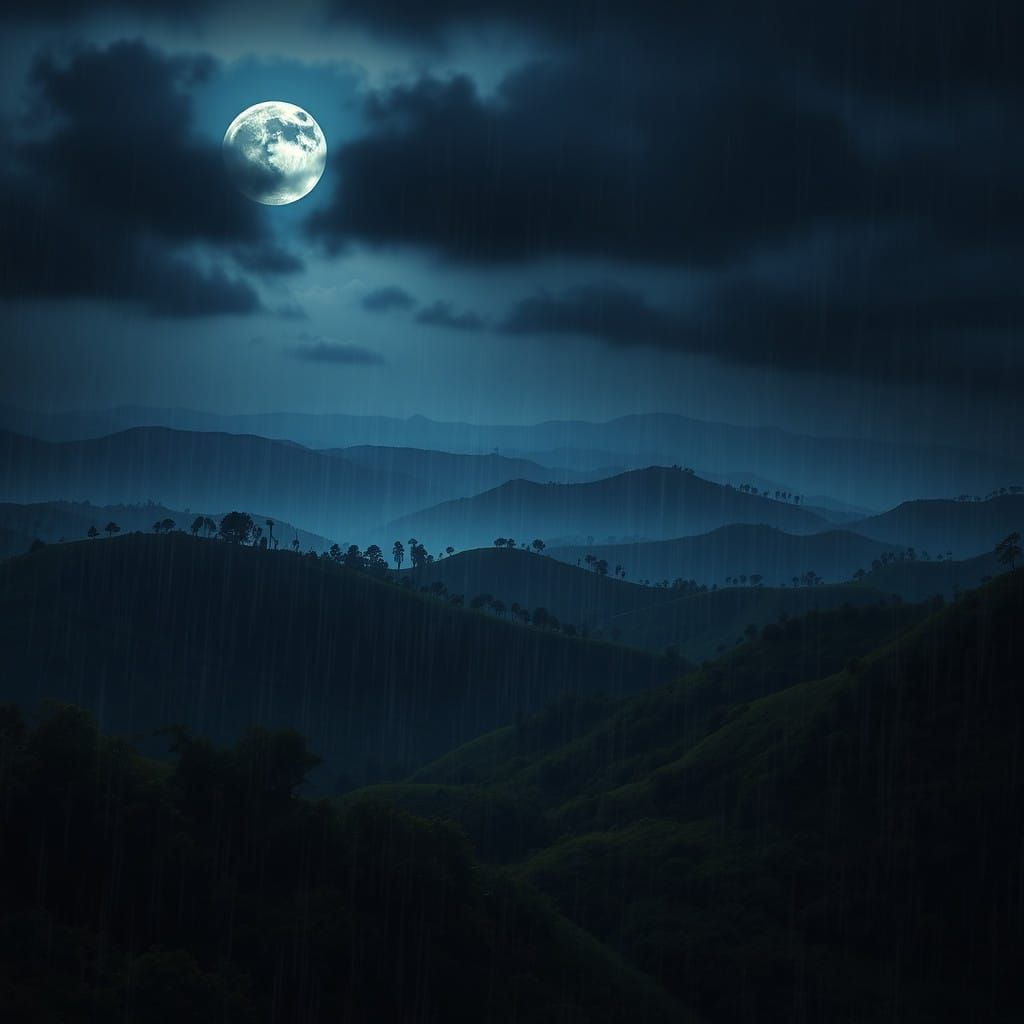 Misty Twilight Hills with Green Trees and Rainy Sky