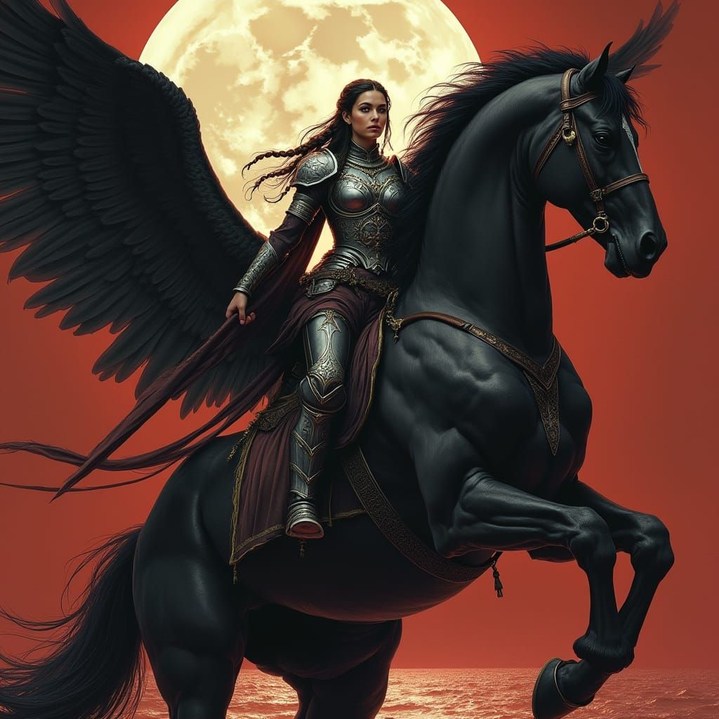 Armored Woman and Black Pegasus by the Sea