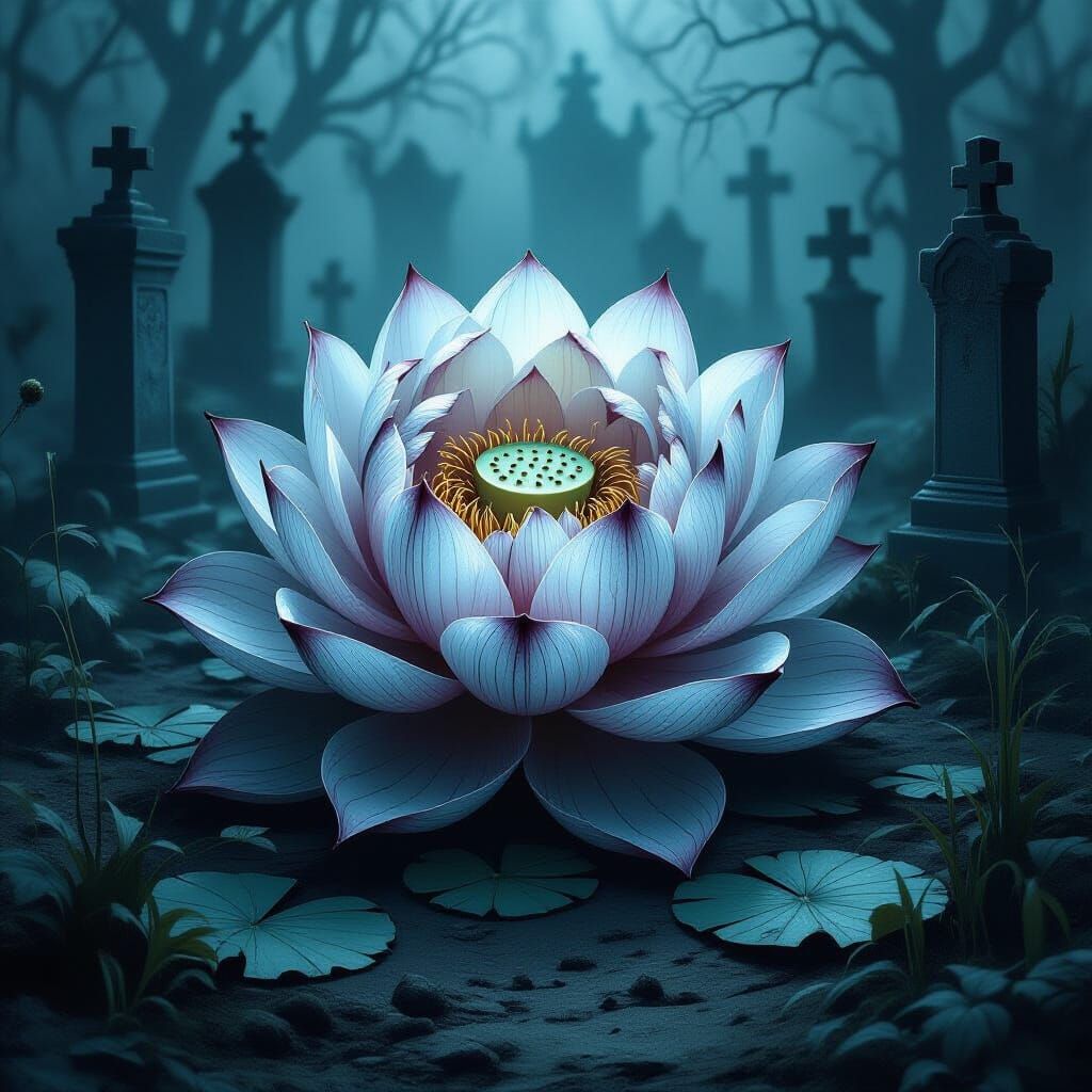 Ancient Lotus Blooms in Gothic Graveyard