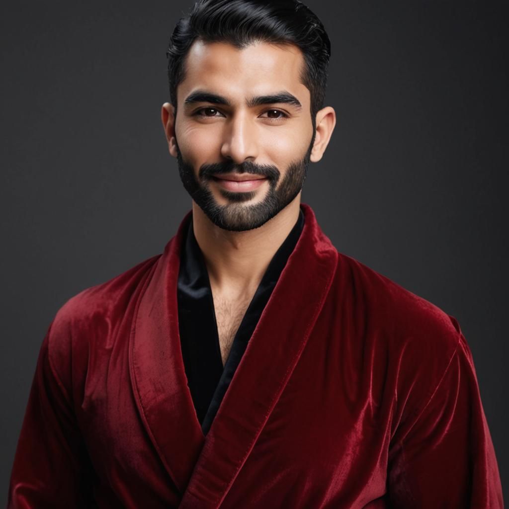 Handsome Bearded Man in Red Velvet Bathrobe