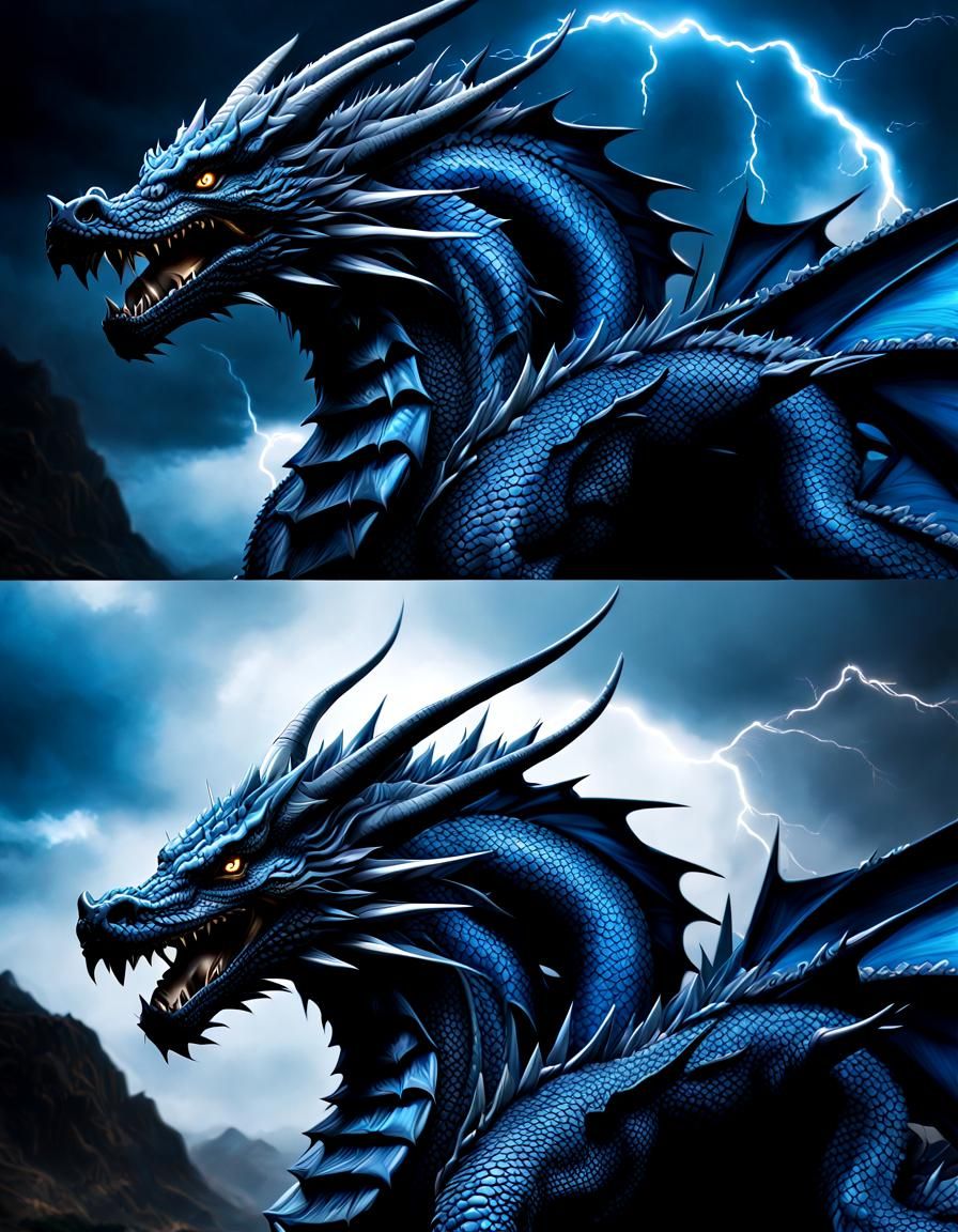 Dramatic Black and Blue Dragon in Lightning Storm