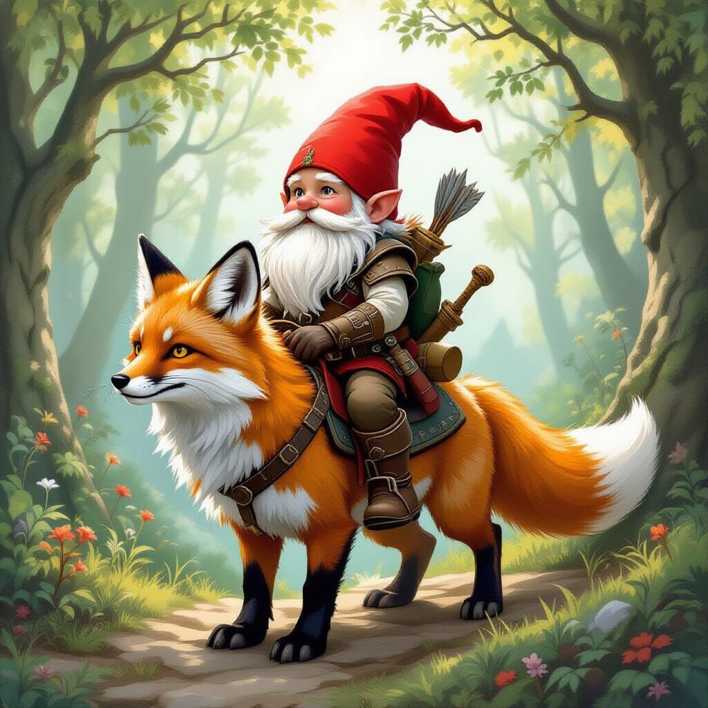 Gnome Warrior Riding Fox in Whimsical Forest