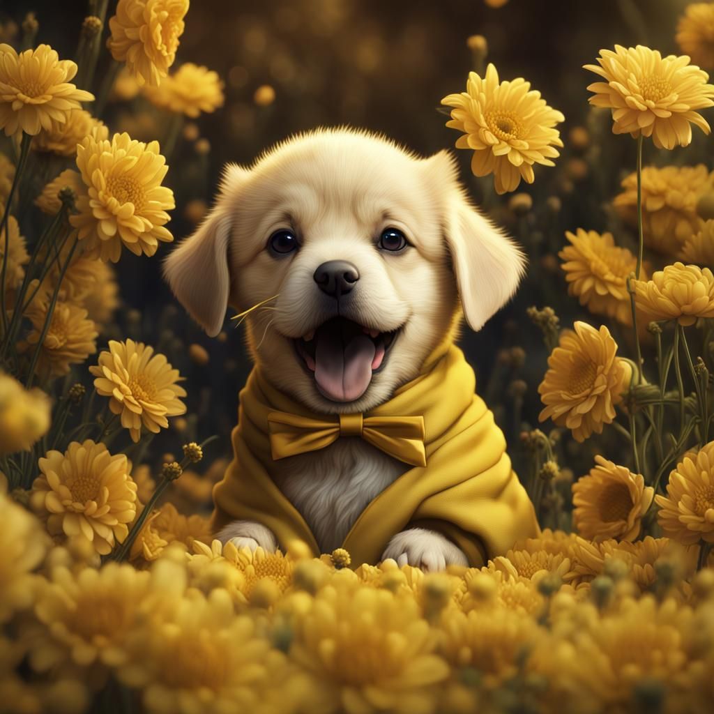 Yellow Puppy with Flower, Detailed Matte Painting