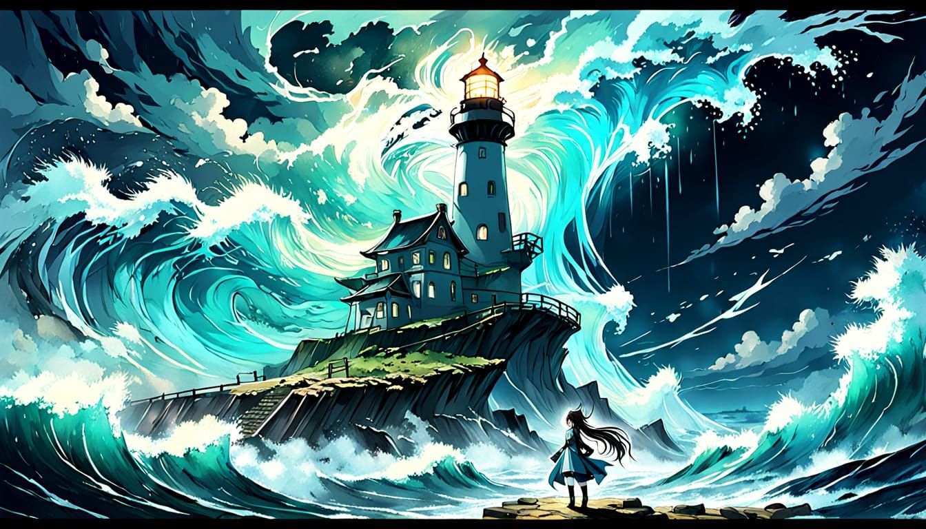 Hatsune Miku at Stormy Lighthouse, Digital Anime Painting