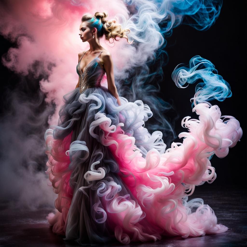 Model in Futuristic Smoke Dress: Mythical Weathercore